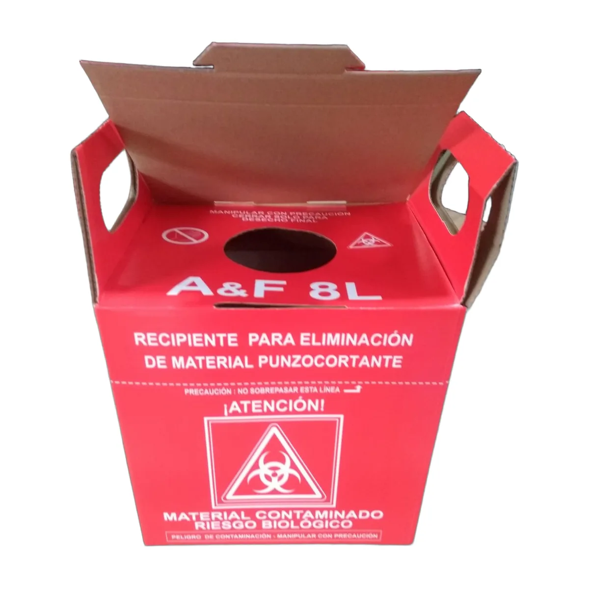 Caja de bioseguridad de 8 litros armada, con la tapa abierta y la boca de descarte