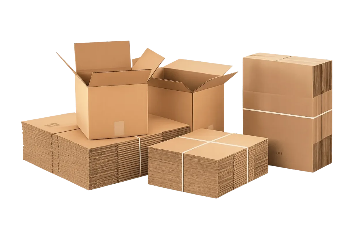Cajas de cartón armadas y planchas atadas en paquetes, listas para despacho