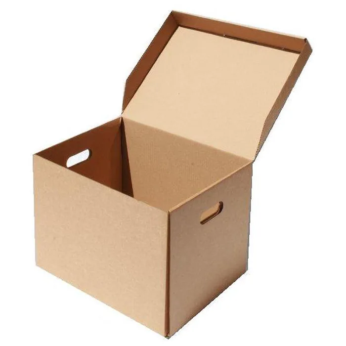 Caja archivera de cartón con tapa abatible y asas troqueladas