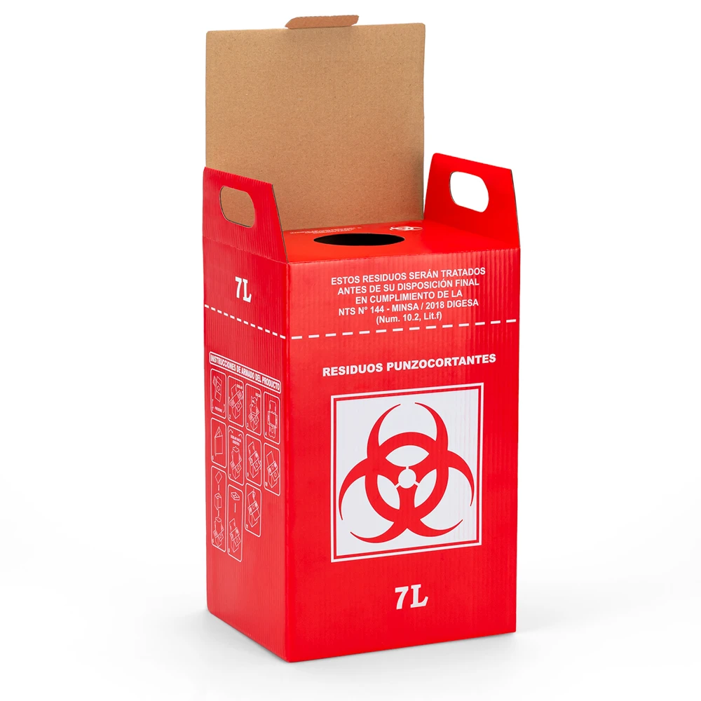 Caja roja de bioseguridad de 7 litros para residuos punzocortantes, con símbolo de riesgo biológico