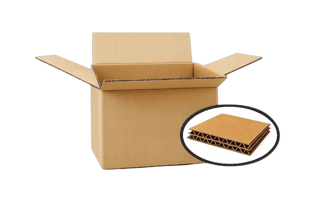 Caja de cartón corrugado abierta, con detalle de la onda interior